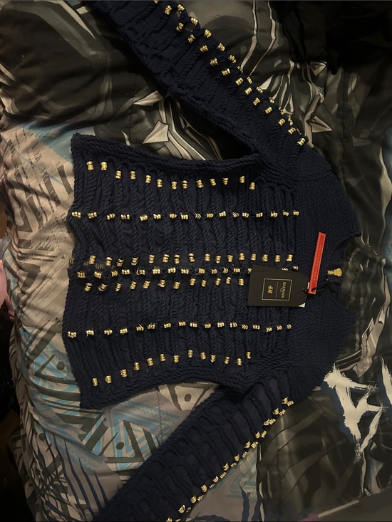 Balmain Sweaters - Balmain Navy Blue Cable Knit Sweater with Gold Stud Detailing